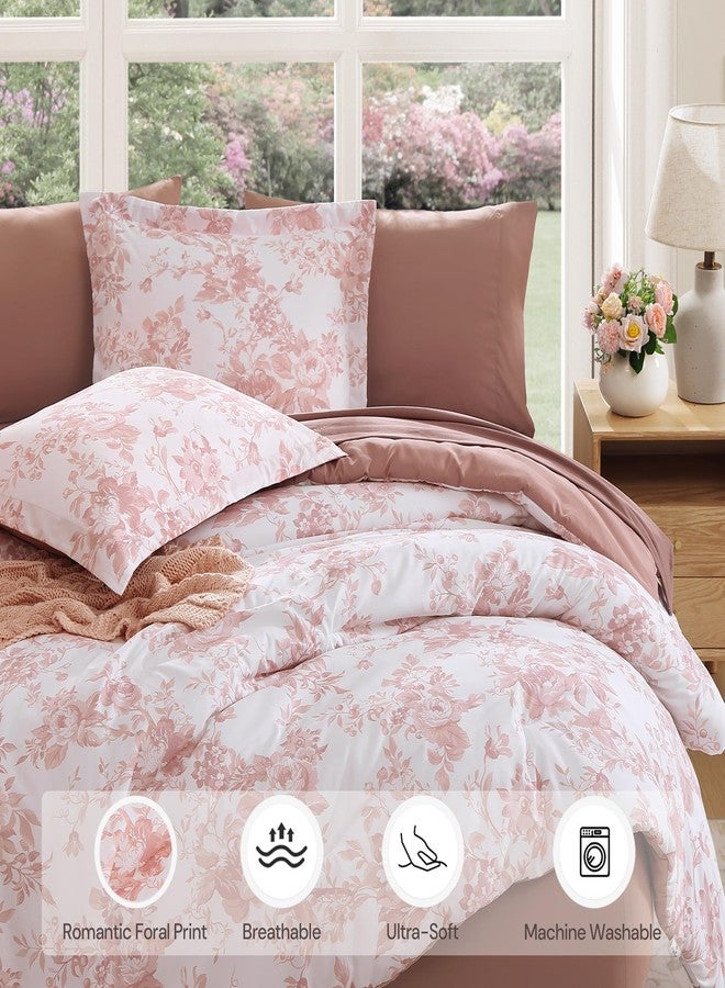 BLOOMHAVEN Queen Comforter Set -7 Pieces Pink Floral Comforter Set for All Seasons, Bed in a Bag Queen with Botanical Flowers Comforter, Sheets, Pillowcases & Shams - Image 2