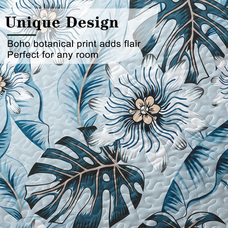 Yogeneg King Quilt Bedding Set,White Green Botanical Pattern Light Blue King/Cal King Quilt Set,3 Piece Lightweight Soft Summer Bedspread Coverlet with 2 PIillow Shams,All Season(Light Blue,110"x96") - Image 4