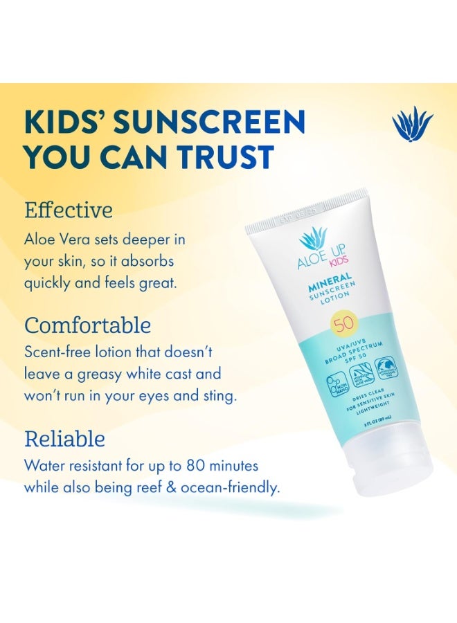Aloe Up Kids Broad Spectrum Mineral Sunscreen Lotion SPF 50 - Face and Body Sunblock for Sensitive Skin - With Gen2 Zinc Oxide and Aloe Vera - Dries Clear - Reef Safe - Fragrance-Free - 3 Oz - Image 2