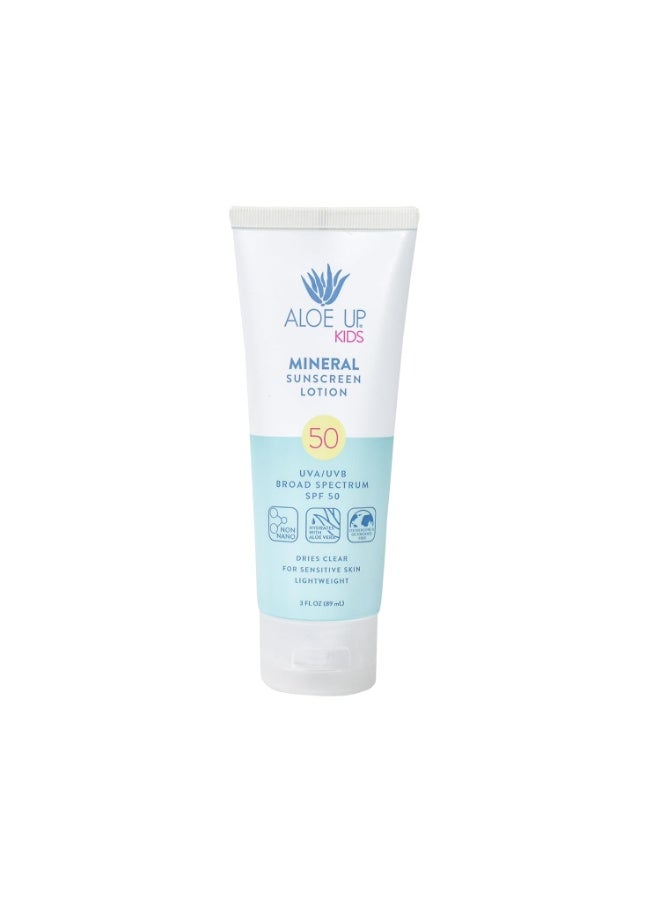 Aloe Up Kids Broad Spectrum Mineral Sunscreen Lotion SPF 50 - Face and Body Sunblock for Sensitive Skin - With Gen2 Zinc Oxide and Aloe Vera - Dries Clear - Reef Safe - Fragrance-Free - 3 Oz - Image 1