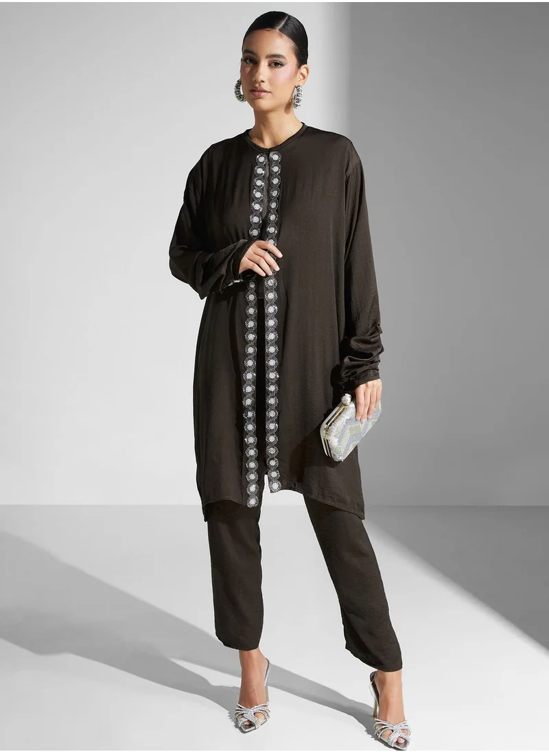 hayas closet Embroidered Rushed Sleeve Shirt & Pant Set