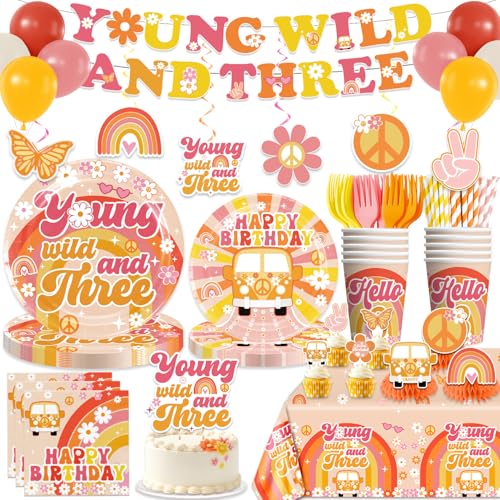 Yingoto 213pcs Young Wild and Three Party Decorations Tableware Set 25pcs Wild and Three Party Decorations Plate Napkins Tablecloth for 3 Year Old Birthday Decorations Girl 25 Guests - Image 1