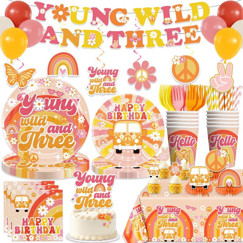 Yingoto 213pcs Young Wild and Three Party Decorations Tableware Set 25pcs Wild and Three Party Decorations Plate Napkins Tablecloth for 3 Year Old Birthday Decorations Girl 25 Guests - Image 2