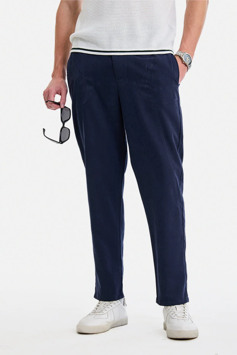 SNITCH Navy Blue Solid Relaxed Casual Trousers