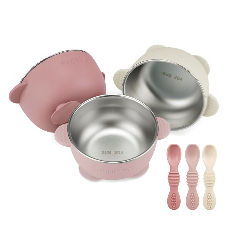 PandaEar 3 Pack Stainless Steel Suction Baby Bowls & 3 Baby Feeding Spoons | Non-Slip Stay Put Bowls & Soft Silicone First Stage Spoons for Toddlers, BPA-Free Baby Led Weaning Set (Pink White) - Image 1
