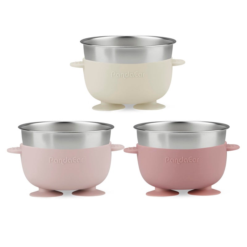 PandaEar 3 Pack Stainless Steel Suction Baby Bowls & 3 Baby Feeding Spoons | Non-Slip Stay Put Bowls & Soft Silicone First Stage Spoons for Toddlers, BPA-Free Baby Led Weaning Set (Pink White) - Image 5