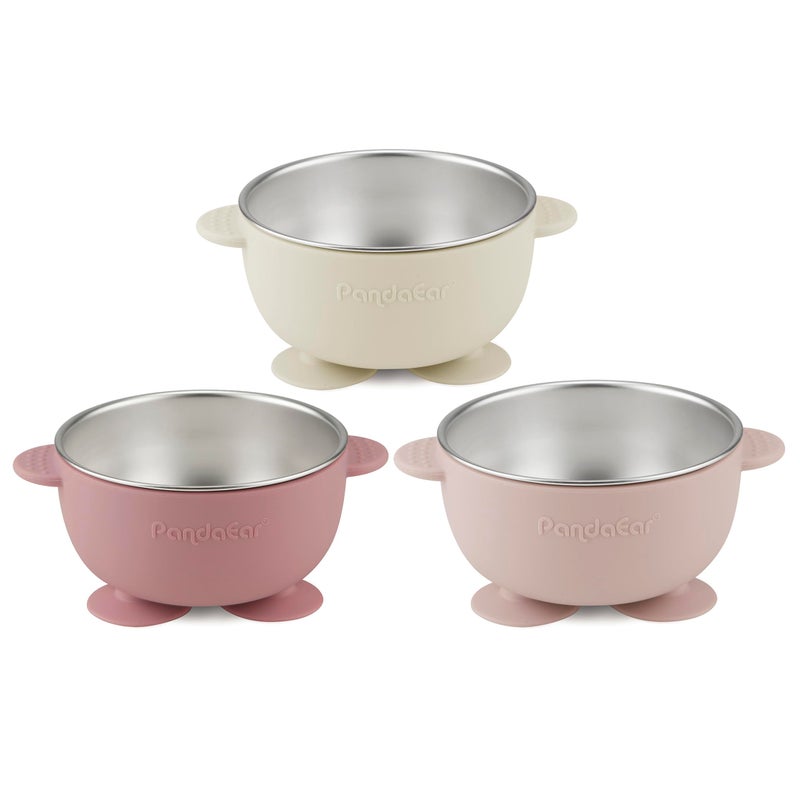 PandaEar 3 Pack Stainless Steel Suction Baby Bowls & 3 Baby Feeding Spoons | Non-Slip Stay Put Bowls & Soft Silicone First Stage Spoons for Toddlers, BPA-Free Baby Led Weaning Set (Pink White) - Image 4