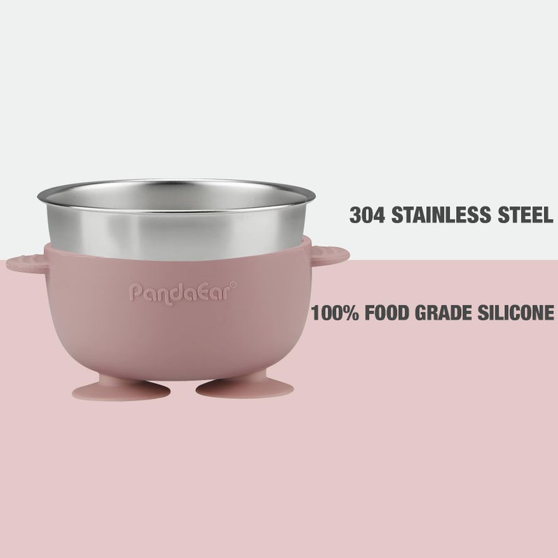 PandaEar 3 Pack Stainless Steel Suction Baby Bowls & 3 Baby Feeding Spoons | Non-Slip Stay Put Bowls & Soft Silicone First Stage Spoons for Toddlers, BPA-Free Baby Led Weaning Set (Pink White) - Image 3