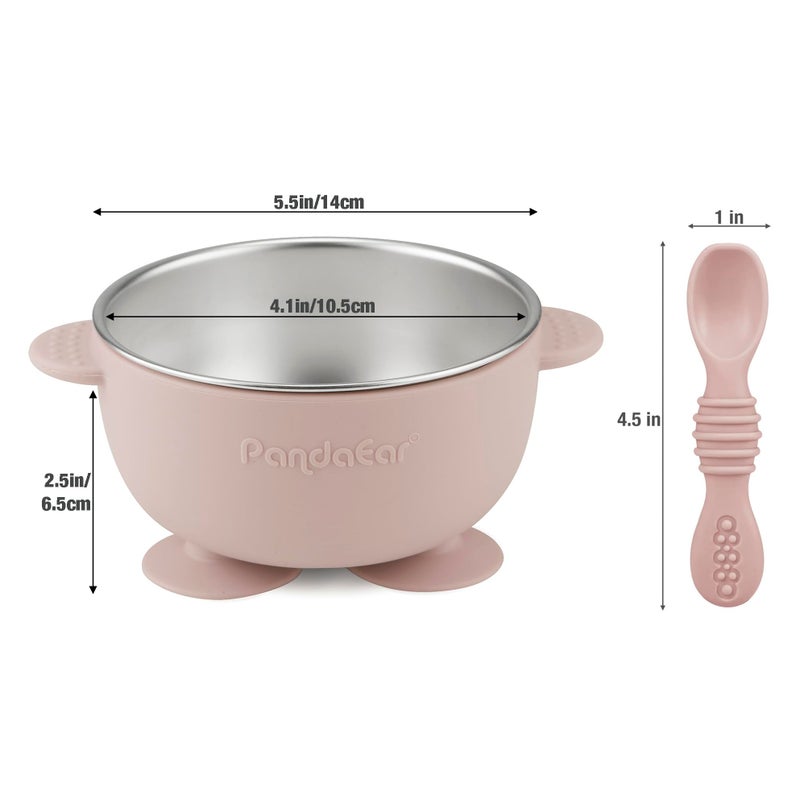 PandaEar 3 Pack Stainless Steel Suction Baby Bowls & 3 Baby Feeding Spoons | Non-Slip Stay Put Bowls & Soft Silicone First Stage Spoons for Toddlers, BPA-Free Baby Led Weaning Set (Pink White) - Image 2