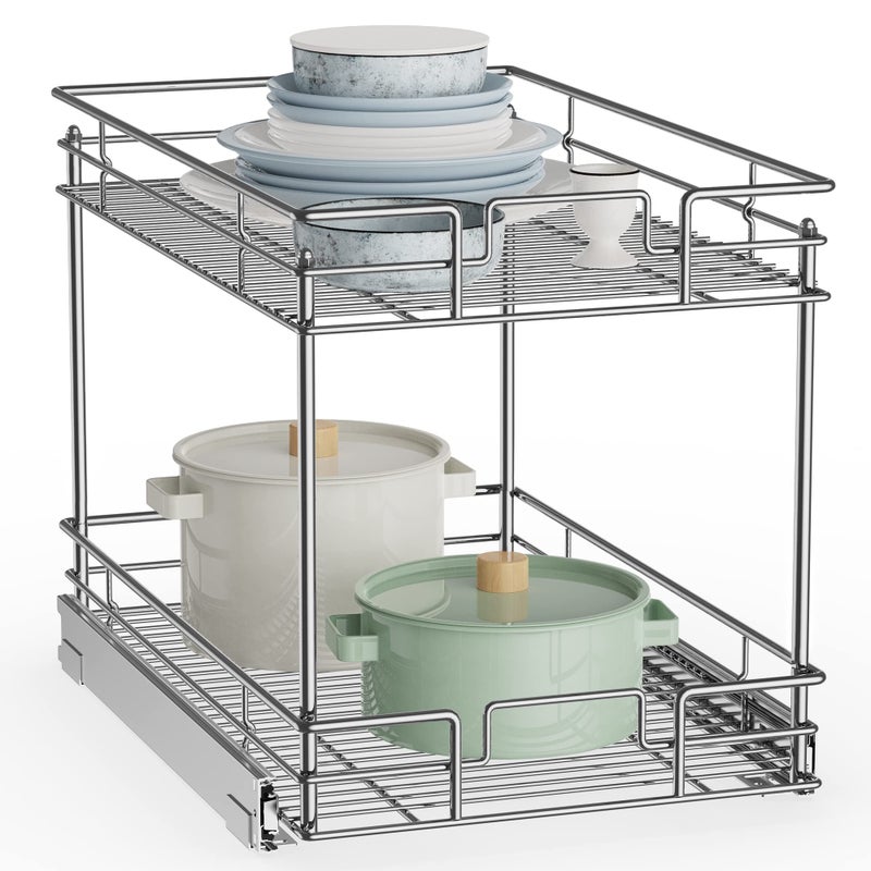 ROOMTEC New Version Pull Out Cabinet Organizer for Base Cabinet 20 W X 21 D Kitchen Cabinet Organizer and Storage 2Tier Cabinet Pull Out Shelves Under Cabinet Storage for Kitchen SilverChrome