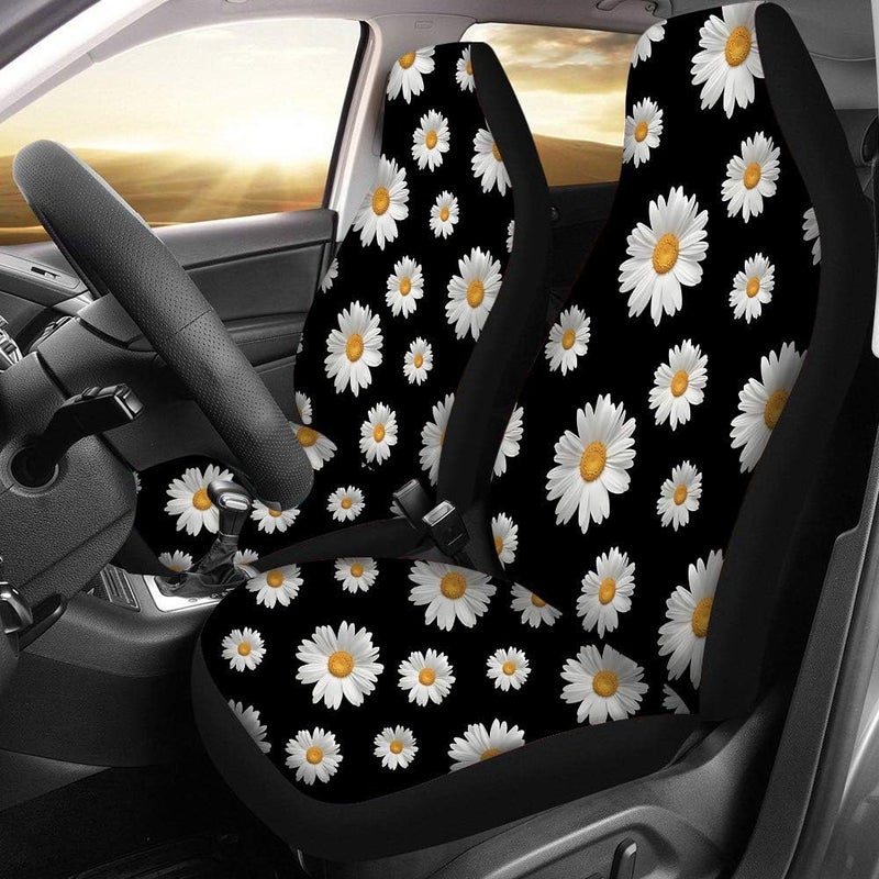 TOADDMOS Decorative White Daisy Floral Universal Auto Seat Covers,Girly Bucket Front Seats Cover for Cars Full Set of 2,Fit for Cars,SUV,Truck,Sedan - Image 2