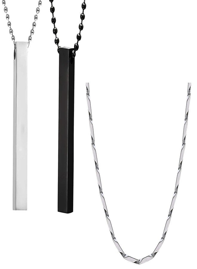 Okos Men's Fashion Jewellery Set Combo of 2 Rhodium and Black Finish Stainless Steel 3D Cuboid Vertical Bar/Stick Locket Pendant Necklace and Rice Shape Neck Chain for Boys and Men CO1000443 - Image 1