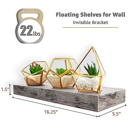 Sorbus Floating Shelves for Wall – 16 Inch Floating Shelf for Kitchen, Bedroom, Living Room, Bathroom, Home & Wall Decor - Mounted Bathroom Shelves with Invisible Brackets (Grey, 2 Pack) - Image 2