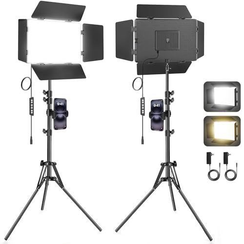 Scrhot 2 Pack LED Video Light with Barndoor, 30W Photography Lighting with Tripod Stand, 3000Lux CRI 98+ 2500K-8500K Studio Light Podcast Lighting for Video Recording, Game Live Streaming, Vlogging - Image 1