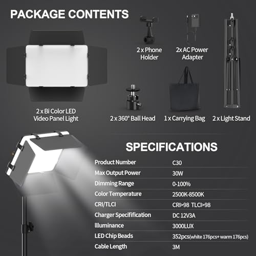 Scrhot 2 Pack LED Video Light with Barndoor, 30W Photography Lighting with Tripod Stand, 3000Lux CRI 98+ 2500K-8500K Studio Light Podcast Lighting for Video Recording, Game Live Streaming, Vlogging - Image 5