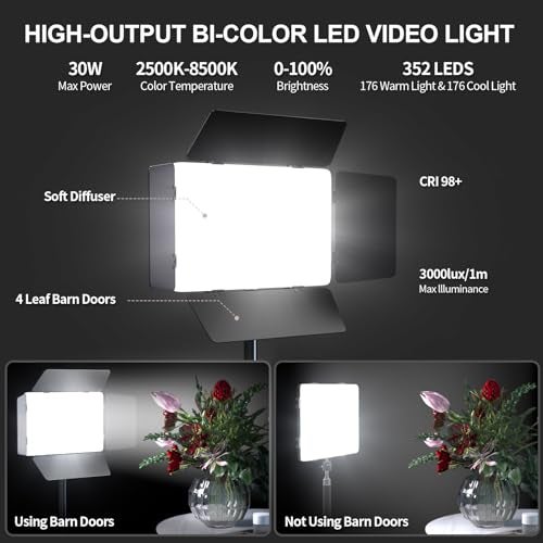 Scrhot 2 Pack LED Video Light with Barndoor, 30W Photography Lighting with Tripod Stand, 3000Lux CRI 98+ 2500K-8500K Studio Light Podcast Lighting for Video Recording, Game Live Streaming, Vlogging - Image 2