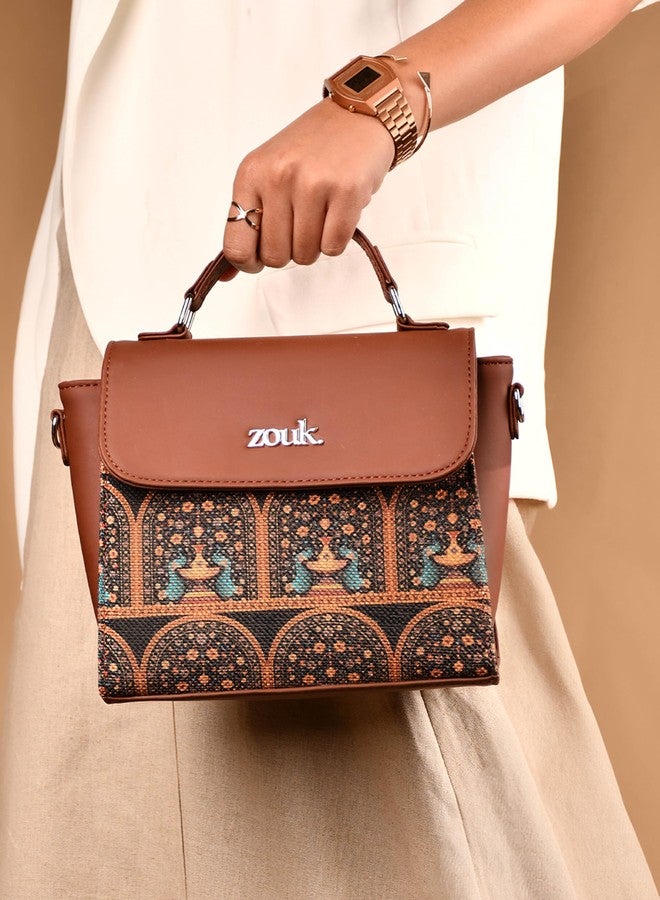 ZOUK حقيبة كتف أنيقة من الجلد النباتي البني مزينة بنقشة طاووس هندي ملكي من زوك، مزودة بمقبض، مناسبة للنساء والفتيات. - Image 4