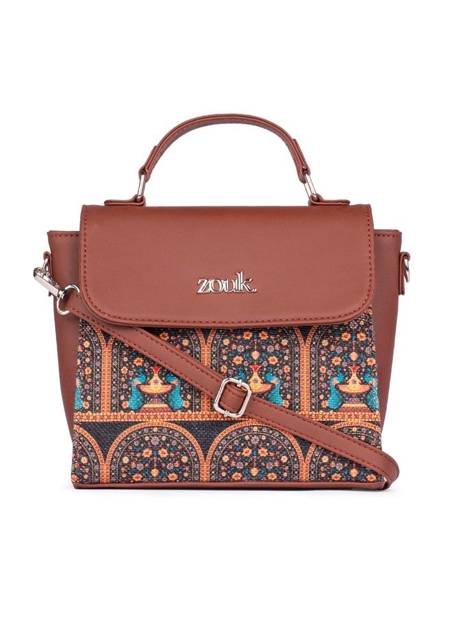 ZOUK حقيبة كتف أنيقة من الجلد النباتي البني مزينة بنقشة طاووس هندي ملكي من زوك، مزودة بمقبض، مناسبة للنساء والفتيات. - Image 1