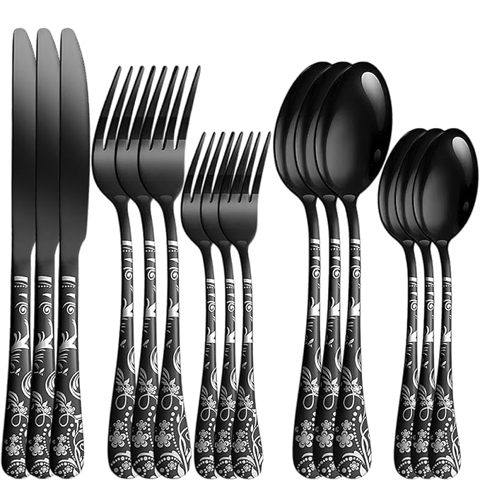 Takositio Flatware Cutlery Set Flower Print Stainless Steel Dinner Set Kitchen Utensil with Tableware Set Including Steak Knife Fork and Spoon Mirror Polished Cutlery Black Set of 315Pcs - Image 1