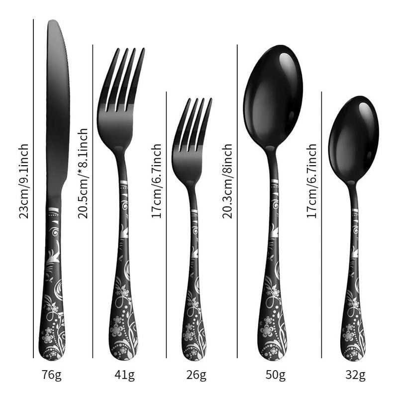 Takositio Flatware Cutlery Set Flower Print Stainless Steel Dinner Set Kitchen Utensil with Tableware Set Including Steak Knife Fork and Spoon Mirror Polished Cutlery Black Set of 315Pcs - Image 2