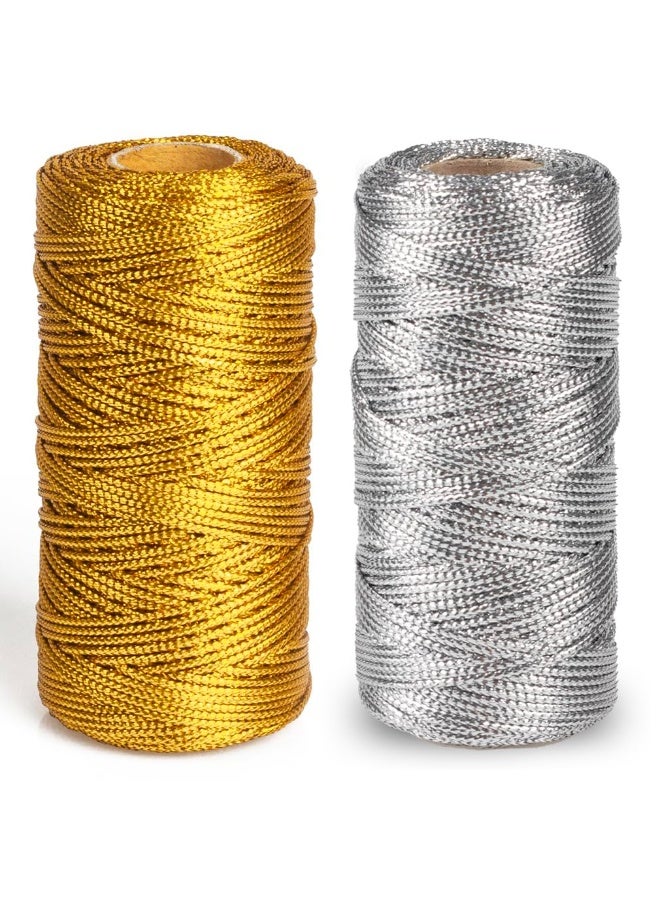 كيلا شريط معدني، لفتان من خيوط الزينة اللامعة، لتعليق الزينة، والتزيين، والحرف اليدوية، وتغليف الهدايا، وصناعة المجوهرات، وبطاقات الهدايا، وخيط منسوج يدويًا، بطول 1.5 مم، مصنوع من البوليستر (ذهبي وفضي) (مئة متر لكل لفة). - Image 1