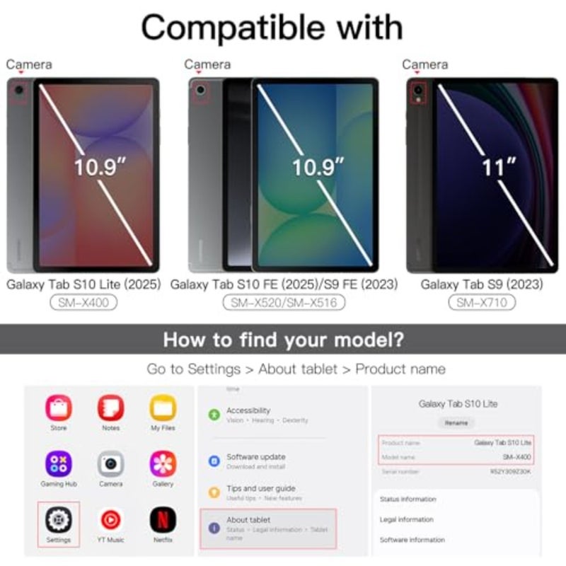 غطاء حماية دوار لجهاز Galaxy Tab S10 Lite/S10 FE/S9 FE/S9: حامل يدور 360 درجة، ظهر شفاف من البولي كربونات، زخرفة سوداء، حامل أقلام S للتنبيه/السكون التلقائي، حماية كاملة - Image 2