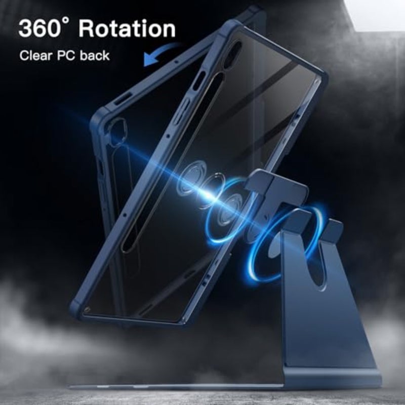غطاء حماية دوار لجهاز Galaxy Tab S10 Lite/S10 FE/S9 FE/S9: حامل يدور 360 درجة، ظهر شفاف من البولي كربونات، زخرفة سوداء، حامل أقلام S للتنبيه/السكون التلقائي، حماية كاملة - Image 3