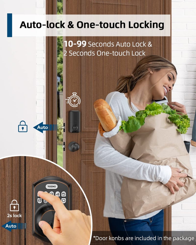 TEEHO TE001K Keyless Entry Door Lock with Handle, Electronic Keypad Deadbolt with 2 Knobs, High-Security Front Door Handle Set for Home & Rental, Smart Auto-Locking, Easy Install, Oil-Rubbed Bronze - Image 3