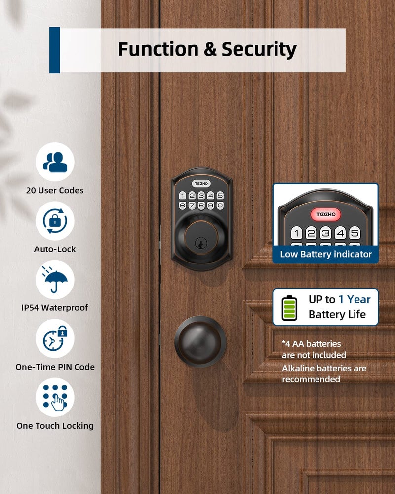 TEEHO TE001K Keyless Entry Door Lock with Handle, Electronic Keypad Deadbolt with 2 Knobs, High-Security Front Door Handle Set for Home & Rental, Smart Auto-Locking, Easy Install, Oil-Rubbed Bronze - Image 5