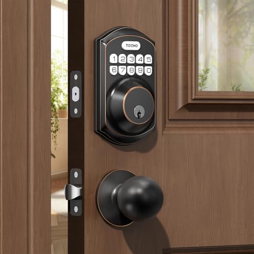 TEEHO TE001K Keyless Entry Door Lock with Handle, Electronic Keypad Deadbolt with 2 Knobs, High-Security Front Door Handle Set for Home & Rental, Smart Auto-Locking, Easy Install, Oil-Rubbed Bronze - Image 1