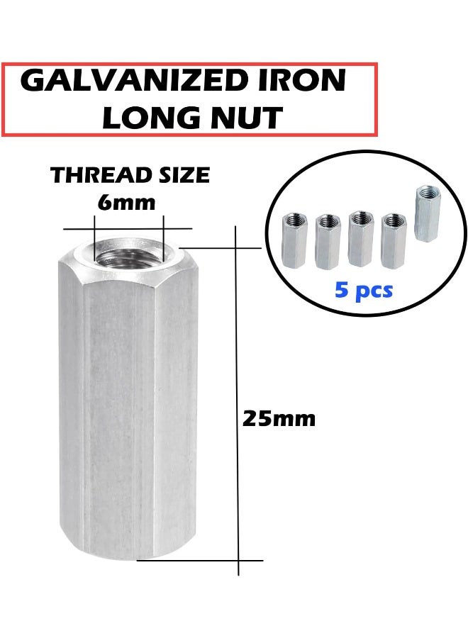 Poaker Poaker Galvanized Iron Threaded Long Nut Hexagonal Sleeve Coupling For Bolts, Rods, Studs, And Screws, Corrosion-Resistant, Ideal For Industrial And Construction Use (6Mm, 5, Pcs)  - Image 2