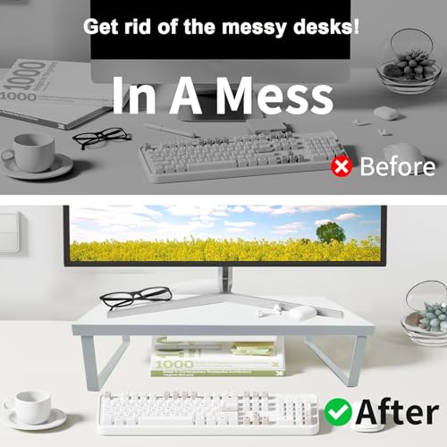 crayfomo Stable Wood Computer Monitor Stand for Desk Organizer, Anti-slip Computer Riser Monitor Shelf for PC Laptop Notebook Home & Office (White) - Image 5