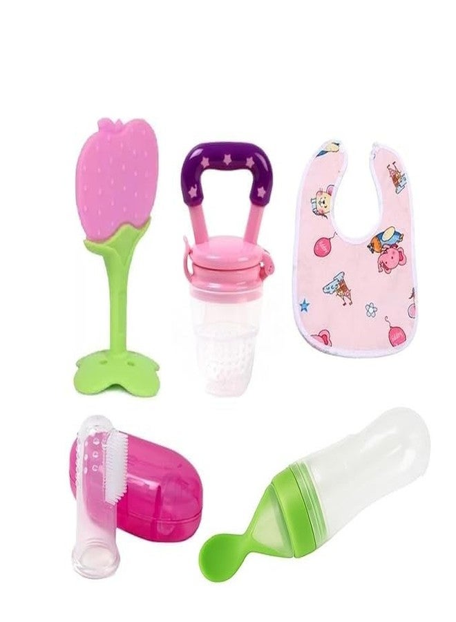 Joy Buzz Babies Fruit Feeder Pacifier (1 Pcs) with 1 PCS Silicone Baby Food Dispensing Spoon 90ML and 1 pcs Fruit Teether 1pcs Finger Brush 1 pcs Baby bib Gifting Combo (5 Pcs Combo Multicolor) - Image 1