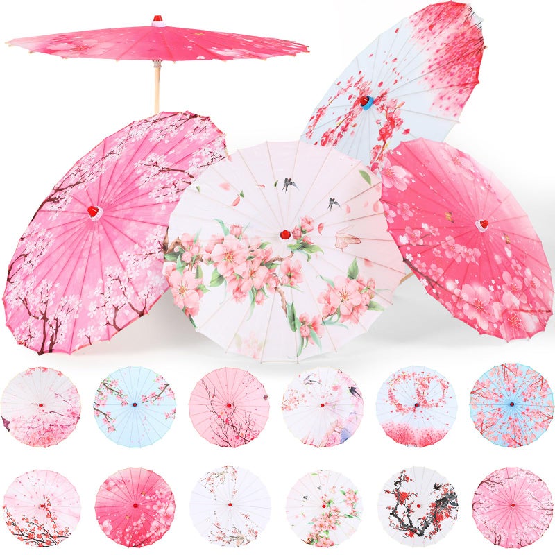 Shinylin 12 Pcs Chinese Oiled Paper Umbrella for Weddings 32 Inch Bamboo Silk Chinese Japanese Parasol Flower Art Dance Umbrella for Bridal Showers Favor Photography Costumes Props(Rose Red,Vibrant) - Image 1
