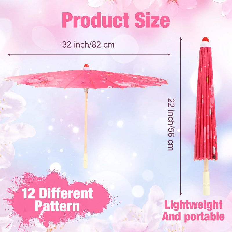 Shinylin 12 Pcs Chinese Oiled Paper Umbrella for Weddings 32 Inch Bamboo Silk Chinese Japanese Parasol Flower Art Dance Umbrella for Bridal Showers Favor Photography Costumes Props(Rose Red,Vibrant) - Image 3