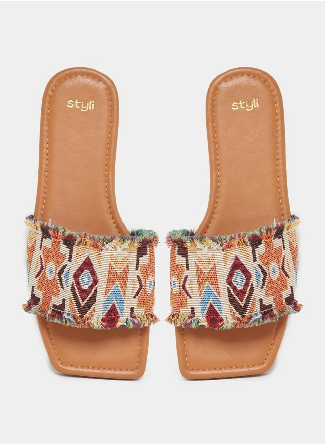 Styli Patterned Strap Flat Sandals