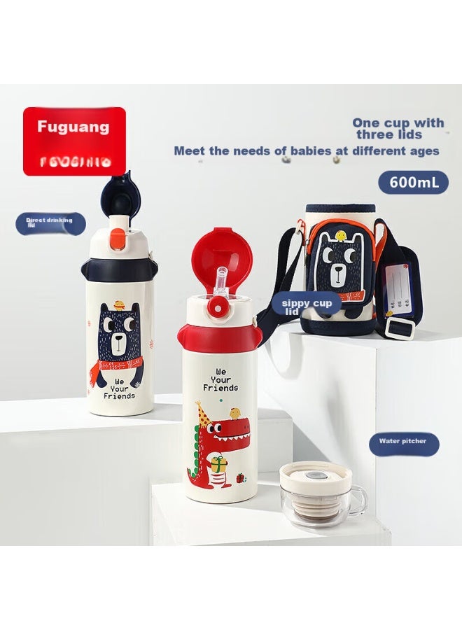 Tomimitsu Fuguang Children's Insulated Water Bottle, 316 Stainless Steel, Large Capacity, For Boys And Girls, Students, Toddlers, With Straw, Suitable For Elementary School Students, 600ml - Image 1