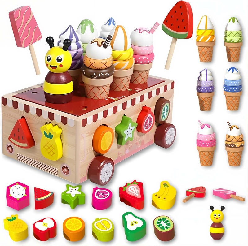 EDUTREE Wooden Ice Cream Cart Toy, Montessori Play Food Sets, Toddler Pretend Play & Sorting Stacking Toy, Educational Gift for 18M+ Girls Boys - Image 1