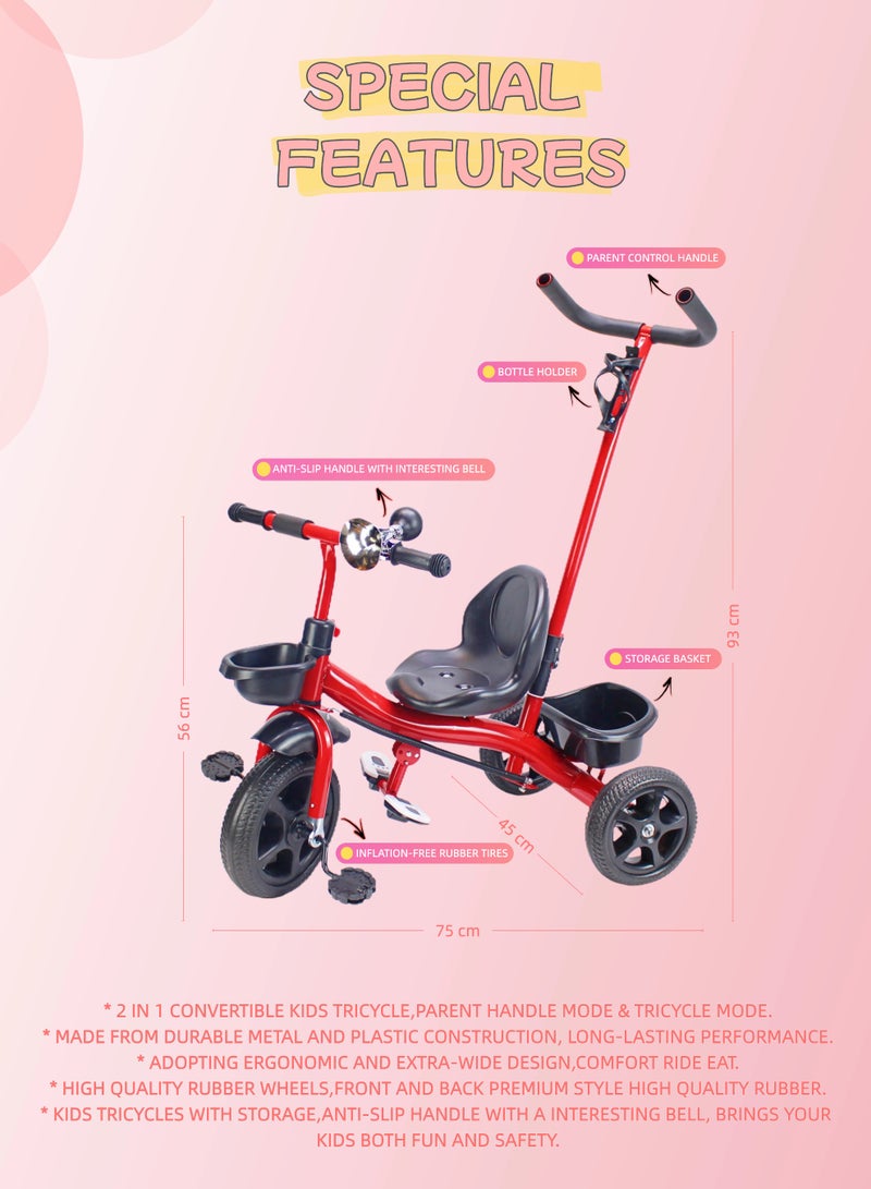 Parental Push Handle Kids Tricycle - Baby Bicycle Ride-On Toy with Storage Basket (Grey/Red/Pink Color Options) - Image 3