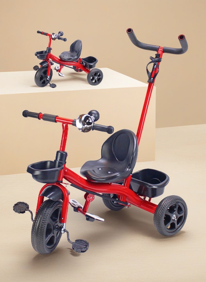 Parental Push Handle Kids Tricycle - Baby Bicycle Ride-On Toy with Storage Basket (Grey/Red/Pink Color Options) - Image 1