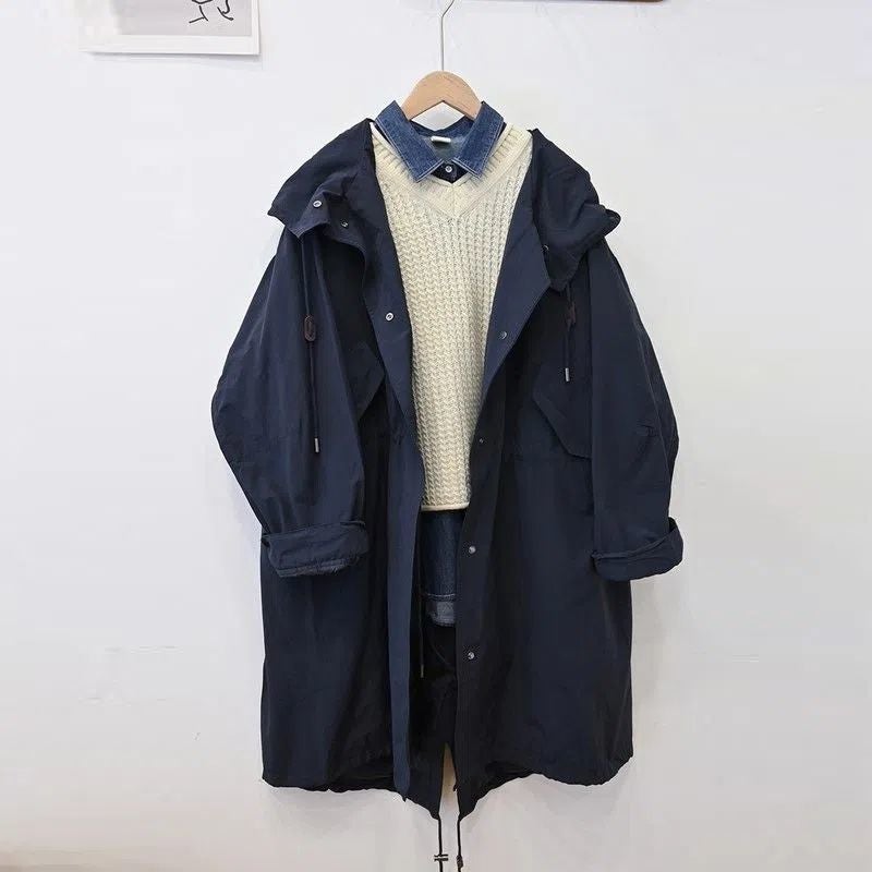 Fashion Casual Work Coat 2023 Spring Loose Mid-length Hooded Jacket 8774khaki - Image 2