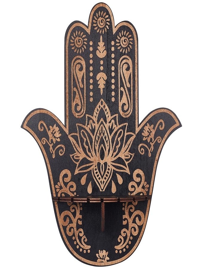 CREATCABIN Hamsa Crystal Display Shelf Hamsa Hand Wooden Wall Decor Crystal Holder Shelves Lotus Wall Mounted Floating Shelf Stand for Witch Stuff Altar Supplies Spiritual Gift Black 9.8 x 11.8Inch - Image 1