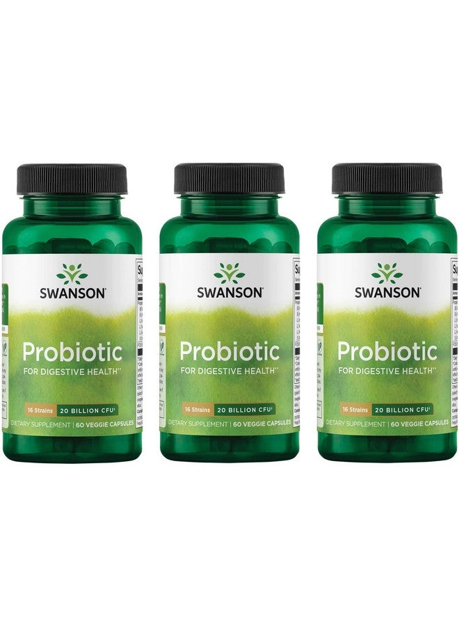 Swanson Probiotic for Digestive Health GI Tract Immune Support Travelers Support 20 Billion CFU with Prebiotic FOS 60 Veggie Capsules (Caps) (3 Pack)