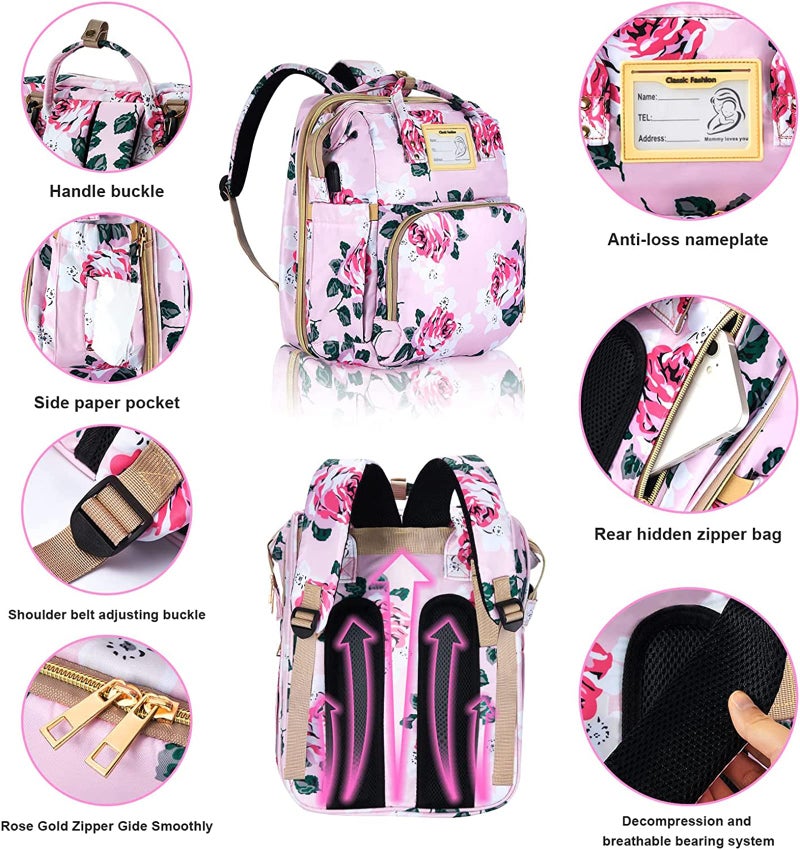 GurZinn Diaper Bag Backpack with Changing Station, Foldable for Bady Toddler, 3 in 1 Large Capacity Newborn Essentials Organizer with Stroller Hook for Girls and Boys（Pink） - Image 3