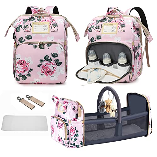 GurZinn Diaper Bag Backpack with Changing Station, Foldable for Bady Toddler, 3 in 1 Large Capacity Newborn Essentials Organizer with Stroller Hook for Girls and Boys（Pink） - Image 1
