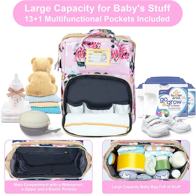 GurZinn Diaper Bag Backpack with Changing Station, Foldable for Bady Toddler, 3 in 1 Large Capacity Newborn Essentials Organizer with Stroller Hook for Girls and Boys（Pink） - Image 2