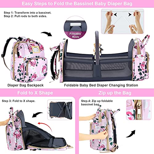 GurZinn Diaper Bag Backpack with Changing Station, Foldable for Bady Toddler, 3 in 1 Large Capacity Newborn Essentials Organizer with Stroller Hook for Girls and Boys（Pink） - Image 4