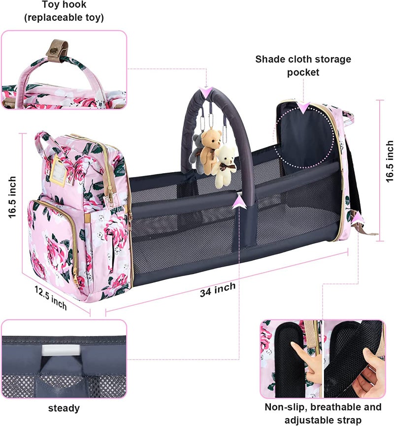 GurZinn Diaper Bag Backpack with Changing Station, Foldable for Bady Toddler, 3 in 1 Large Capacity Newborn Essentials Organizer with Stroller Hook for Girls and Boys（Pink） - Image 5