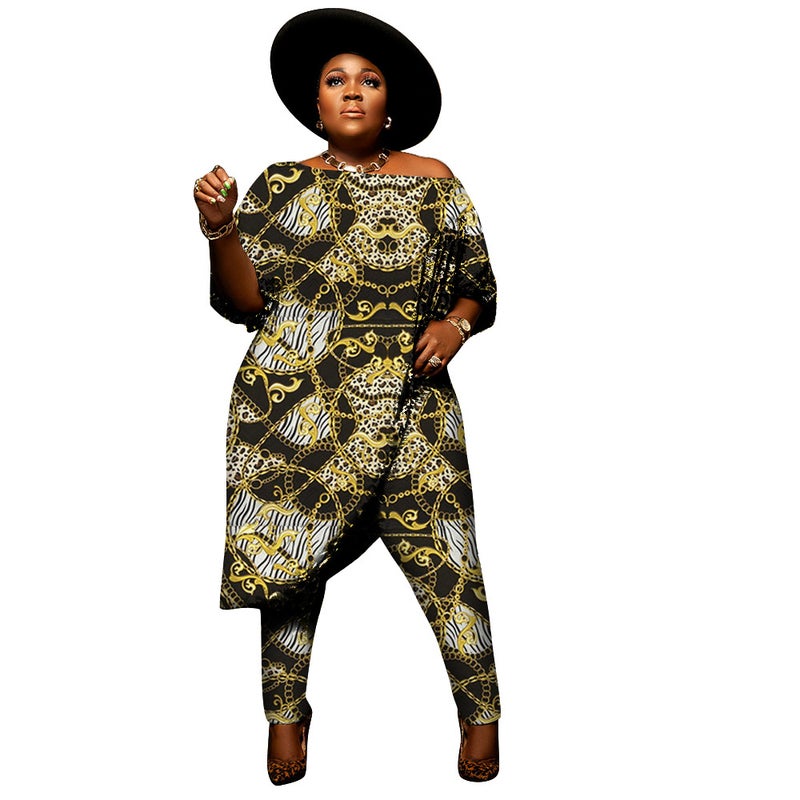 2021 European and American cross-border Amazon Fashion womens clothing off-shoulder elegant sexy off-shoulder printing plus size two-piece set Chain  - Image 5
