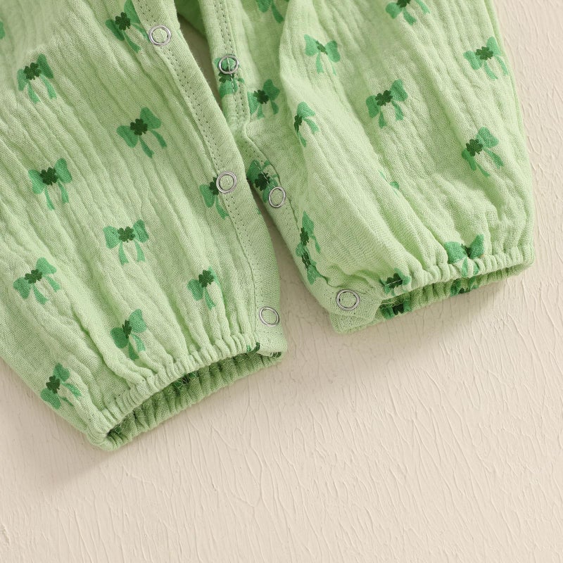 Lamuusaa Newborn Baby Girl St Patricks Day Outfit Long Sleeve Bow Four Leaf Clover Romper Ruffle Jumpsuit Headband (Green, 0-3 Months) - Image 5